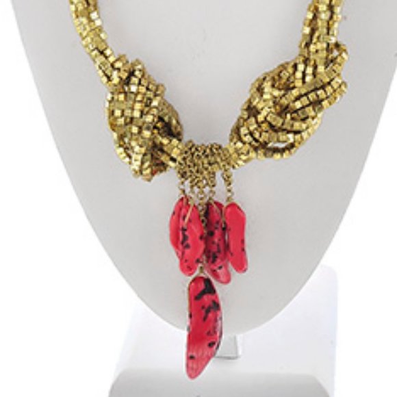 BURNISHED GOLD & CORAL MULTI STRAND Y NECK SET - Picture 3 of 3